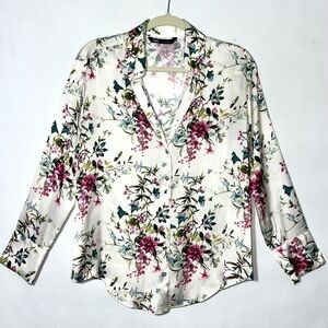 Zara Satin Floral Print Silk Shirt Top Ladies Button Up Small